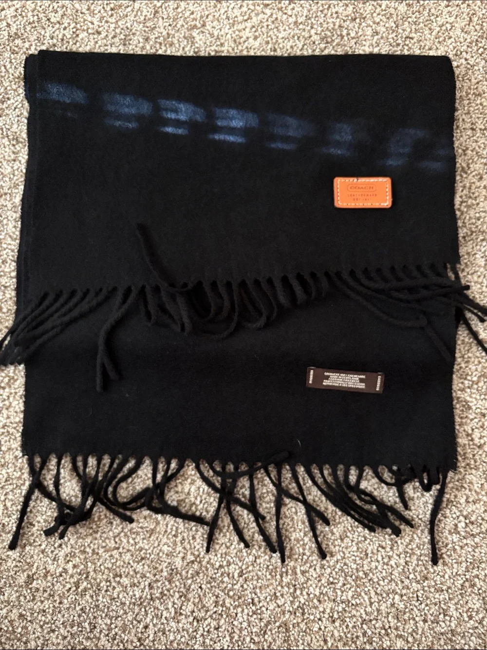 Coach Black Wool Scarf with Leather Logo Patch
